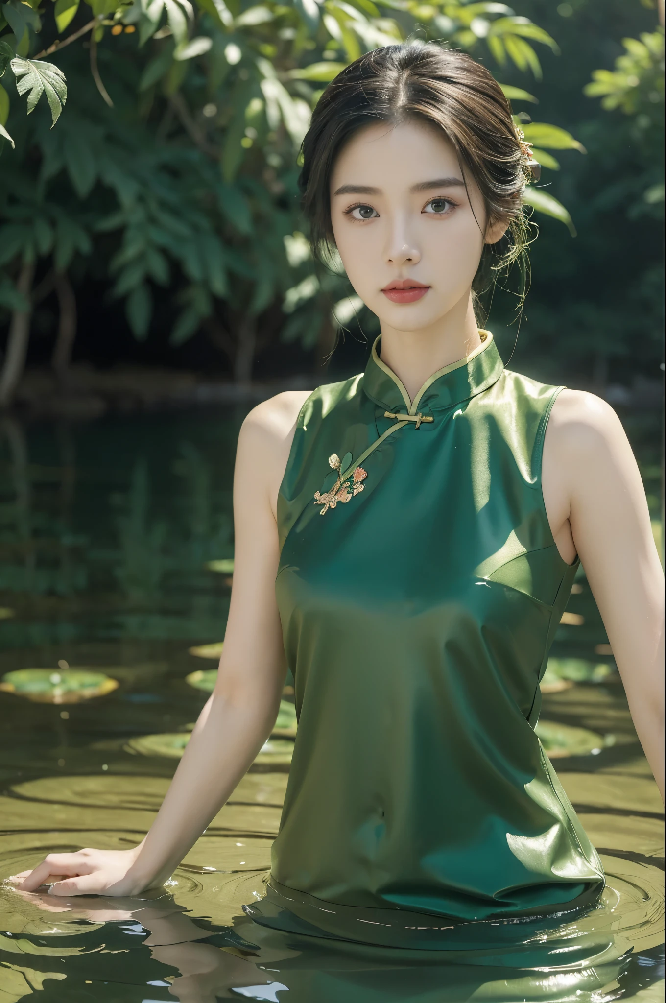 (((best quality))),(((ultra detailed))),(((masterpiece))),illustration,1 beautiful girl,slim,flat chest,short red qipao,bare arms,standing in green paddy pool,upper body,elegant, clear sky, sunlight, dreamy, contrast, natural,Chinese rural landscape,The body below the neck is in water