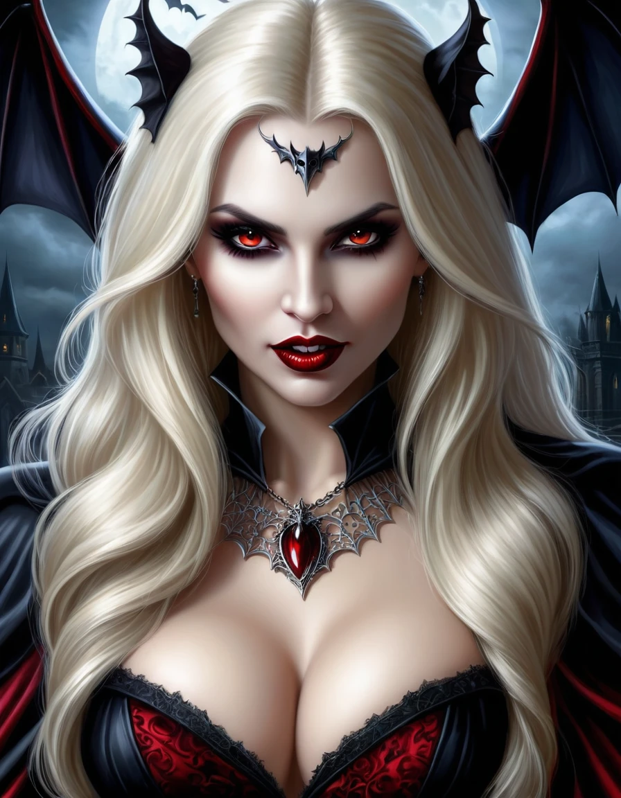 very attractive caucasian 25 year old girl with long platinum blonde hair, a close up of a woman in a vampire costume with bats, gothic fantasy art, ((Big Breasts)), ((HUGE Breasts)), ((PERFECT HANDS)), dark fantasy style art, vampires fantasy, in style of dark fantasy art, female vampire, dark fantasy art, fantasy horror art, beautiful vampire queen, dark fantasy horror art, portrait of a lady vampire, in style of anne stokes, dark fantasy artwork, vampire portrait, beautiful vampire female queen, showing fangs, very realistic