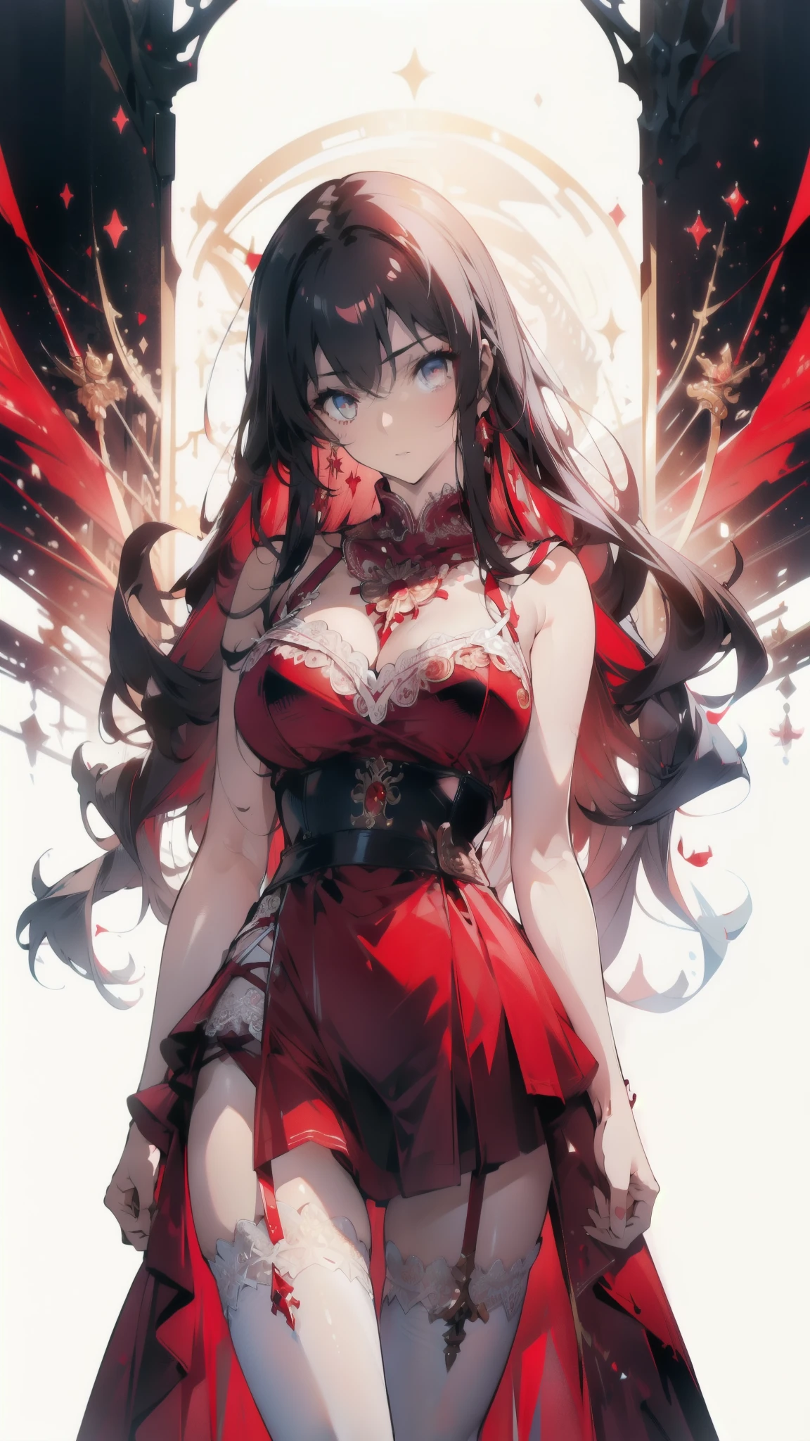 ((masterpiece, best quality)), Delicate face，Sword Princess，red，Crescent rose，whole body，Long legs，Large Breasts，Gradient long wavy hair，Perfect body proportions，beautiful eyes，Extremely beautiful，transparent， Pure white background，Erotic_lingerie，Sexy_比基尼，Lace，Garter stockings