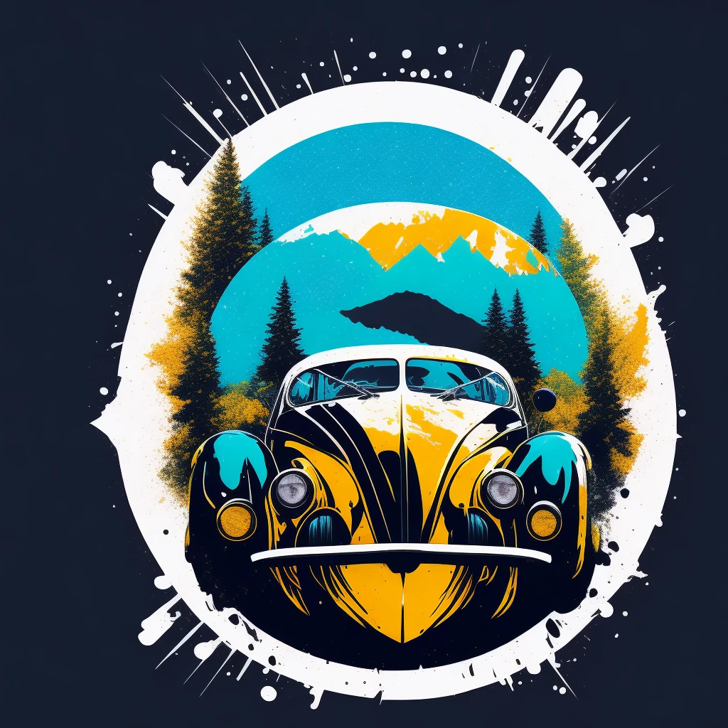 T-shirt graphic design Vector central t-shirt , 8k , cinematic, realistic, beetle 1966 (model since September 1964 for North America U.S.), design circular, splash, background white