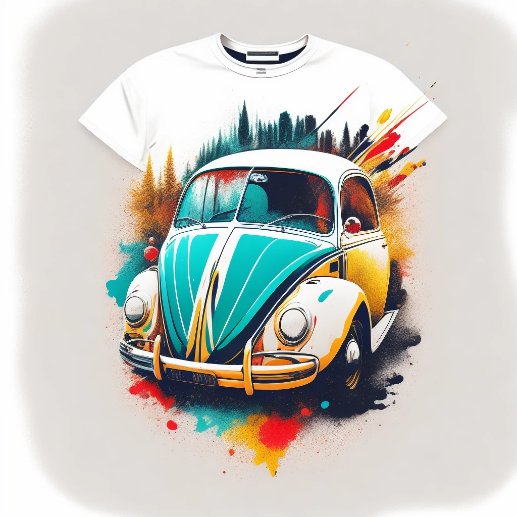 T-shirt graphic design Vector central t-shirt , 8k , cinematic, realistic, beetle 1966 (model since September 1964 for North America U.S.), design circular, splash, background white