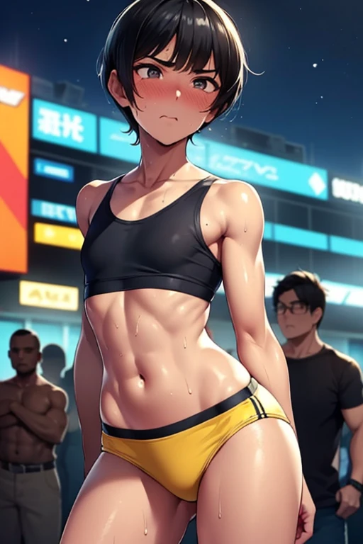 NSFW,(highest quality:1.2),(perfect beautiful face:1.2),(perfect and beautiful posture:1.2),(cowboy shot,black hair boy stands beside macho man:1.5),(short cut hair,flat chest:1.4), ((confused,embarrassed:1.3)), shyness:1.1, (Sweaty, sunburned skin:1.3), ((sweaty wet yellow and blue sports bra and sports Panties)), close-up of armpit, mouth open a little,(puffy nipples:0.5),navel out,outside,(night city,in the crowds:1.4,hands on back)