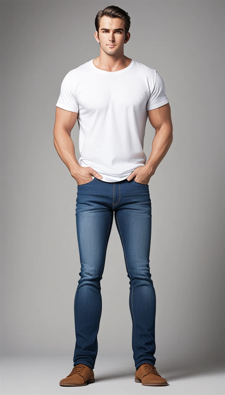 a man in a white t - shirt and jeans stands in front of a gray background, wearing a shirt and a jean, casual clothing, jeans and t shirt, wearing pants and a t-shirt, modern casual clothing, full body photo of steve, dressed in a white t shirt, mid-shot of a hunky, white shirt and blue jeans