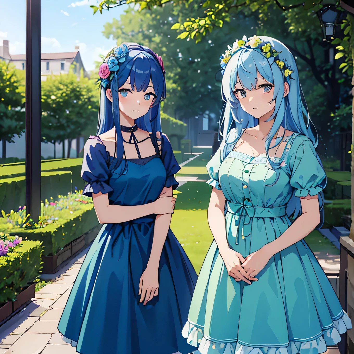 high resolution, 4k, 8k, two female sisters, blue hair, wearing a green dress with pink flowers on the dress, flower crown, standing in a beautiful Garden