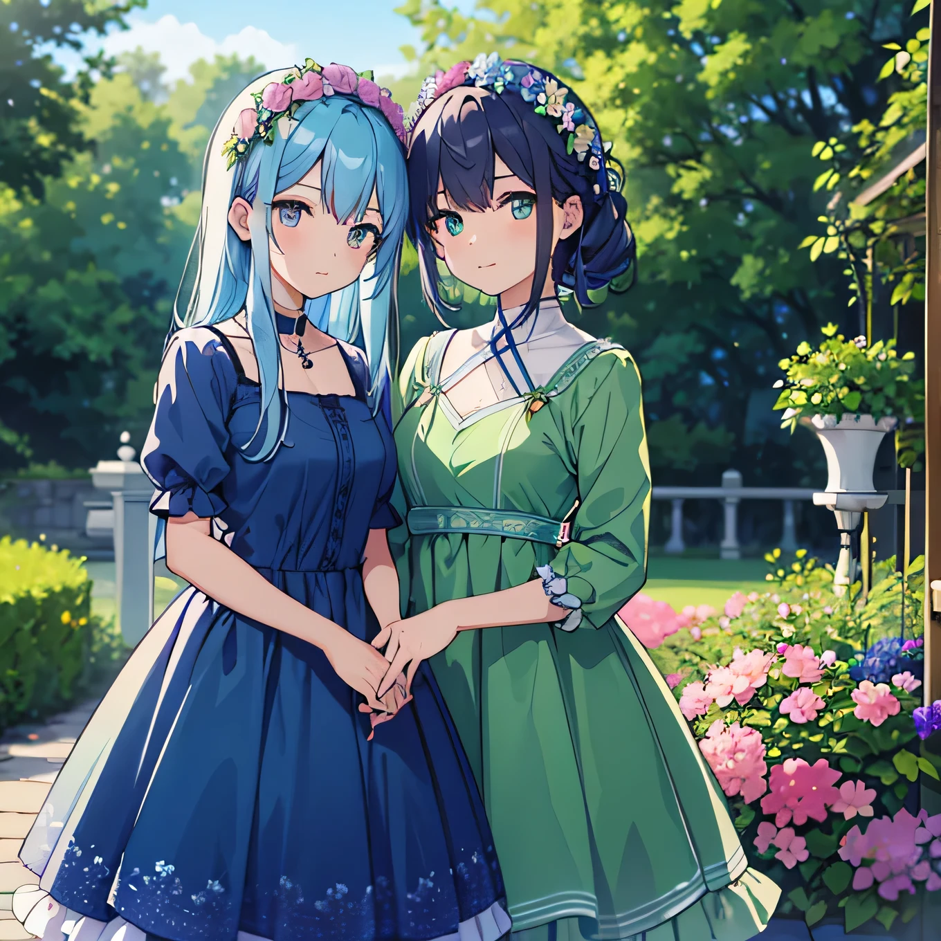 high resolution, 4k, 8k, two female sisters, blue hair, wearing a green dress with pink flowers on the dress, flower crown, standing in a beautiful Garden