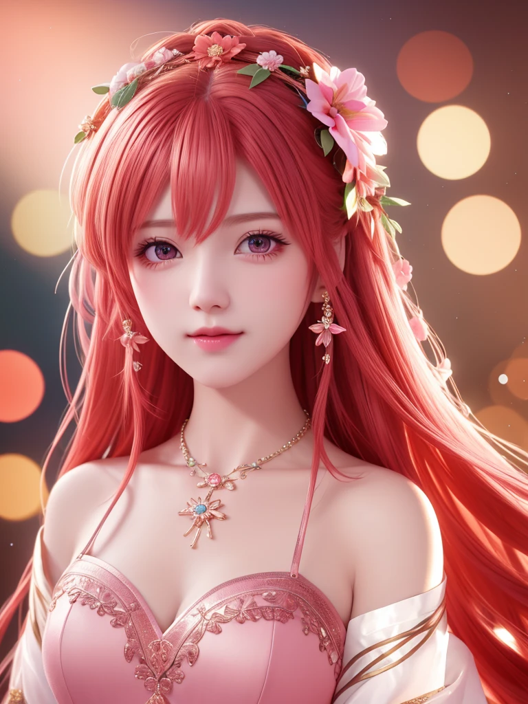 best quality, masterpiece, High target, There is a girl with a basket of flowers on her head, beautiful clothes, Hair Decorationss, necklace, Decorations, Pretty Face, When the body, Tyndall effect, Realistic Portraits, Edge lighting, Two-color light, (Very delicate skin:1.2), 8K uhd, Digital SLR Camera, Soft Light, high quality, Volumetric Lighting, Honest, photo, high resolution, 4K, 8K, Bokeh, Orange-red hair,pink hair tips, Pink Eyes.