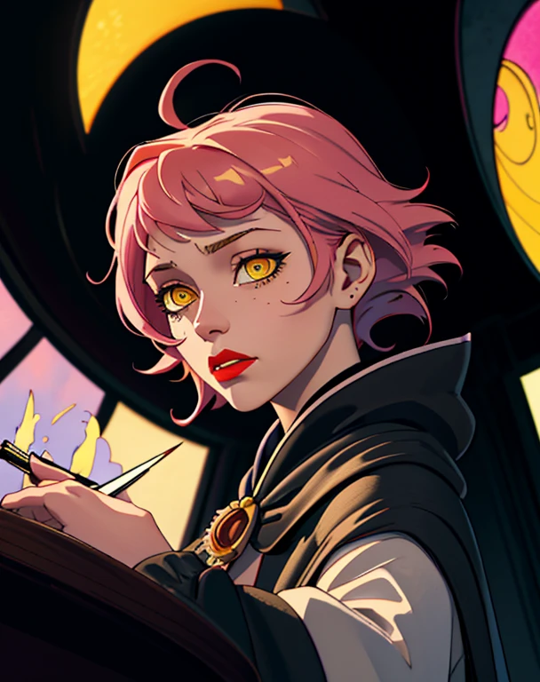 1girl, short pink hair,(hufflepuff House Cloak),( inner cloak yellow:1), (outer cloack black:1),yellow eyes, looking at viewer, solo, upper body,(masterpiece:1.4),(best quality:1.4),red lips,parted lips, hogwarts castle:1,dramatic shadows,extremely_beautiful_detailed_anime_face_and_eyes,an extremely delicate and beautiful,dynamic angle, cinematic camera, dynamic pose,depth of field,chromatic aberration,backlighting,Watercolor, Ink, epic, candystyle,