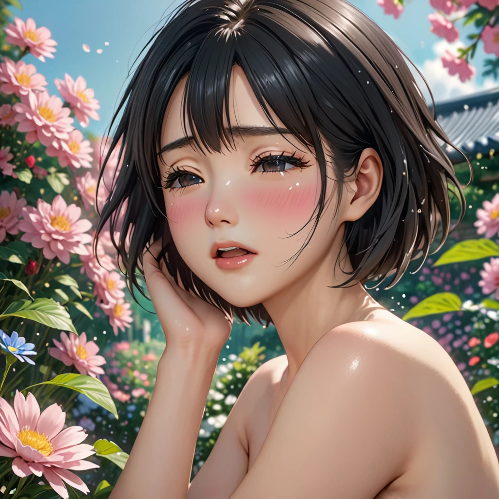 National Science Foundation,masterpiece,High resolution,8K,Art,digit,Three-dimensional,Realism,Kyoto Animation Style,your name movie style,cute,baby face,look into camera,In the garden full of flowers,(1 girl: 1.3),(alone: 1.4),(Upper body nudity),Put your hands behind your head,Black hair,Long eyelashes,Long thin legs,Short Bob,Close-up of upper body,Close-up,Close up,Close your eyes,blush,shy,pain,open mouth,Tears,cry,sad