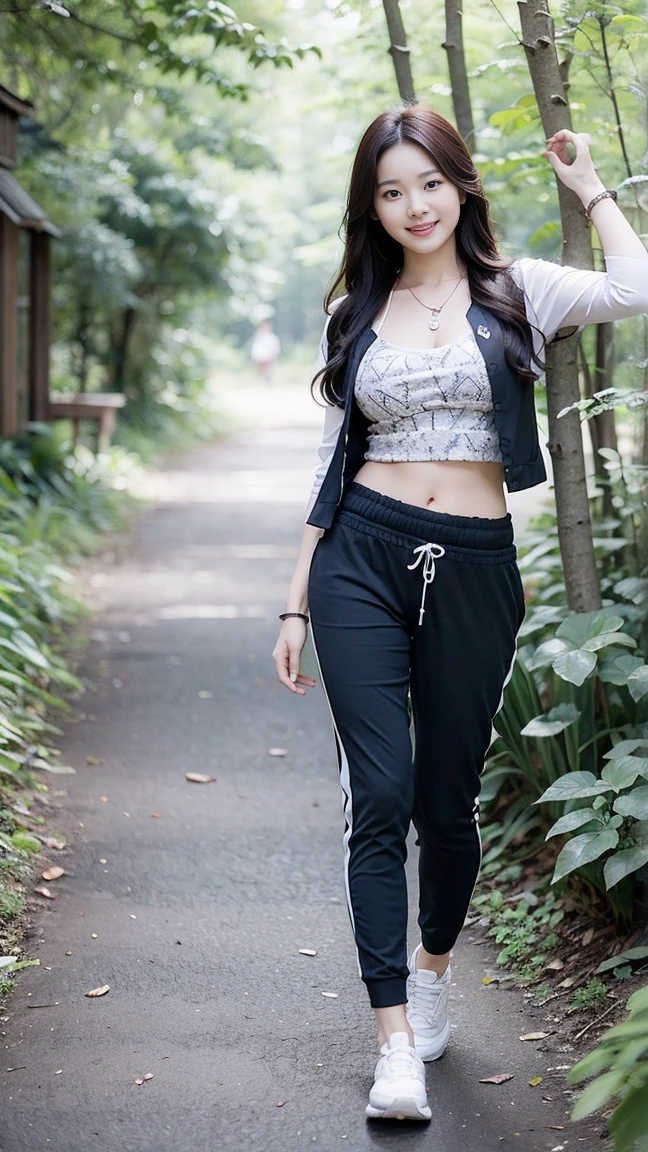 masterpiece, best quality, Surreal, Ultra Detailed, 8k resolution, RAW photos, Clear focus,Beautiful Korean woman， 36 inch chest size, Smile, Wearing a patterned vest, necklace,Long sweatpants,Full body posture, White shoes，Solitary, Perfect body, Become a,(a charming smile:1), (sexy pose)，(A girl in the forest),