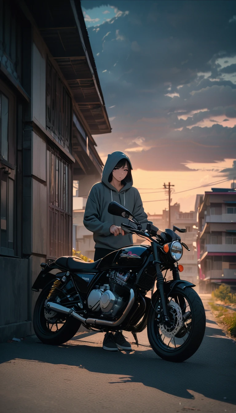 (8K, RAW photos, best quality, masterpiece: 1.4), (((Boy on bike))),Ultra-high resolution, Extremely detailed, light, closeup of arms, handsome boy, black eyes, (delicate eyes, Eyes are bright:1.2), Gray short hair, Fair skin,dark, Grey sweatshirt, sweatshirt with hood,(perfect anatomy:1.2), High-quality shadows, Natural Lighting, (White highlights:1.2), night, cloudy day, (Four-story residential building:1.2), (A dilapidated motorcycle parked:1.2)