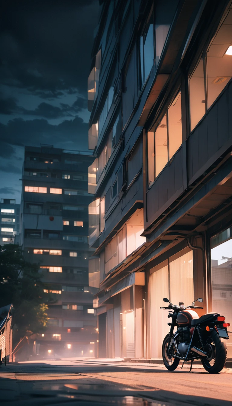 (8K, RAW photos, best quality, masterpiece: 1.4), (((Boy on bike))),Ultra-high resolution, Extremely detailed, light, closeup of arms, handsome boy, black eyes, (delicate eyes, Eyes are bright:1.2), Gray short hair, Fair skin,dark, Grey sweatshirt, sweatshirt with hood,(perfect anatomy:1.2), High-quality shadows, Natural Lighting, (White highlights:1.2), night, cloudy day, (Four-story residential building:1.2), (A dilapidated motorcycle parked:1.2)