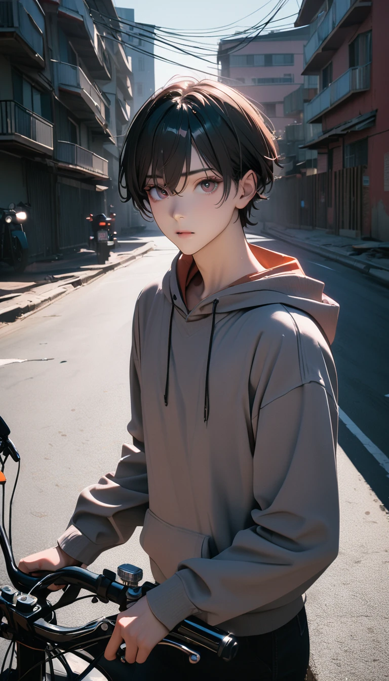 (8K, RAW photos, best quality, masterpiece: 1.4), (((Boy on bike)))，Ultra-high resolution, Extremely detailed, light, closeup of arms, handsome boy, black eyes, (delicate eyes, Eyes are bright:1.2), Gray short hair, Fair skin,dark, Grey sweatshirt, sweatshirt with hood,(perfect anatomy:1.2), High-quality shadows, Natural Lighting, (White highlights:1.2), night, cloudy day, (Four-story residential building:1.2), (A dilapidated motorcycle parked:1.2)