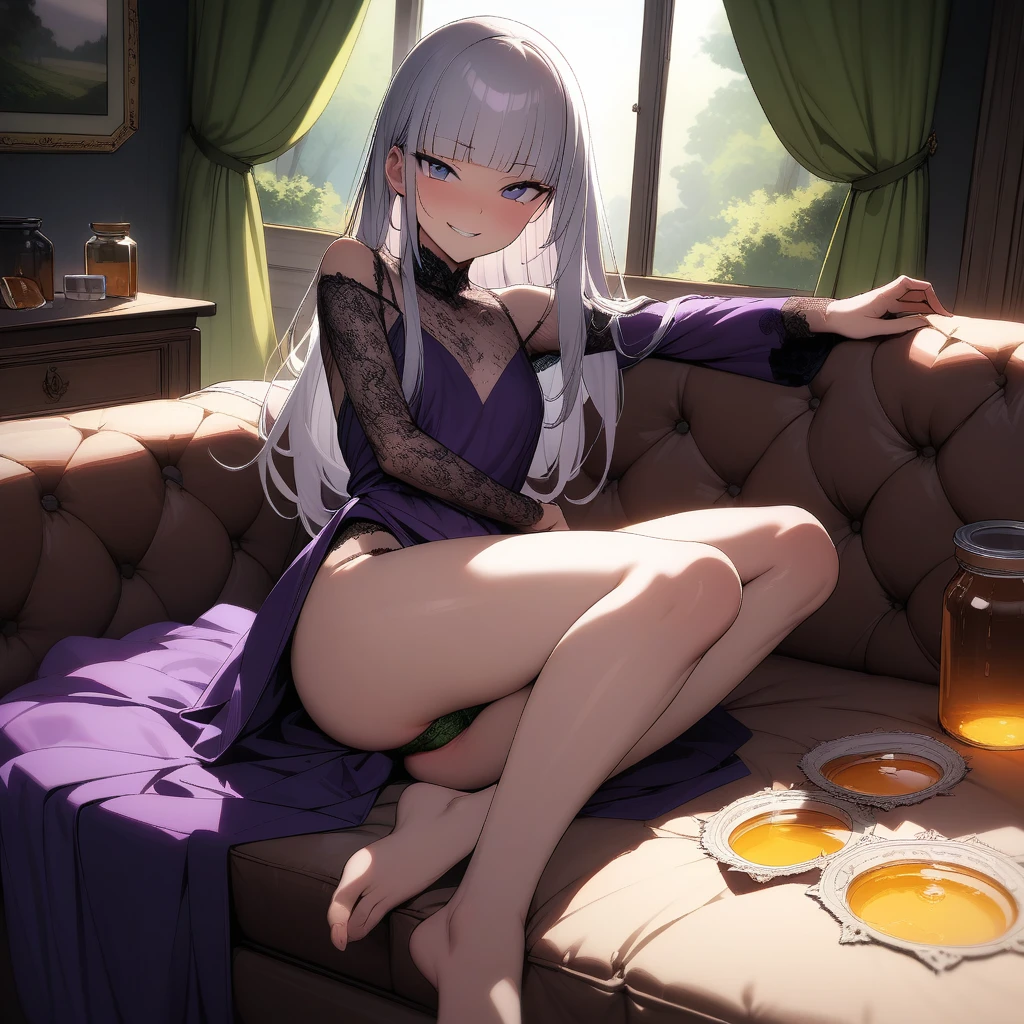 (masterpiece),(best quality),very aesthetic,(ultra-detailed),(illustration),(degenerate),very aesthetic,nsfw,1girl,16yo,slender,long hair,silver hair,straight hair,(blunt bangs),dark blue alluring eyes,smirk,comfortable,An elegant and sophisticated outfit perfect for a party, featuring a purple velvet dress with green lace accents,long sleeves,Silver satin fabric from shoulder to arm,bare legs,Jar of honey,ecstasy,happy,inroom,couch,reclining,daytime,Lascivious atmosphere,fantastic atmosphere,Sunlight shining through the window,forest landscape,backlighting,Lace curtains flutter in the wind,Toxic green colored lace panties,Old furnishings,dusty room