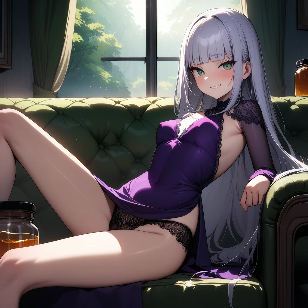 (masterpiece),(best quality),very aesthetic,(ultra-detailed),(illustration),(degenerate),very aesthetic,nsfw,1girl,,slender,long hair,silver hair,straight hair,(blunt bangs),dark blue alluring eyes,smirk,comfortable,An elegant and sophisticated outfit perfect for a party, featuring a purple velvet dress with green lace accents,long sleeves,Silver satin fabric from shoulder to arm,bare legs,Jar of honey,ecstasy,happy,inroom,couch,reclining,daytime,Lascivious atmosphere,fantastic atmosphere,Sunlight shining through the window,forest landscape,backlighting,Lace curtains flutter in the wind,Toxic green colored lace panties,Old furnishings,dusty room