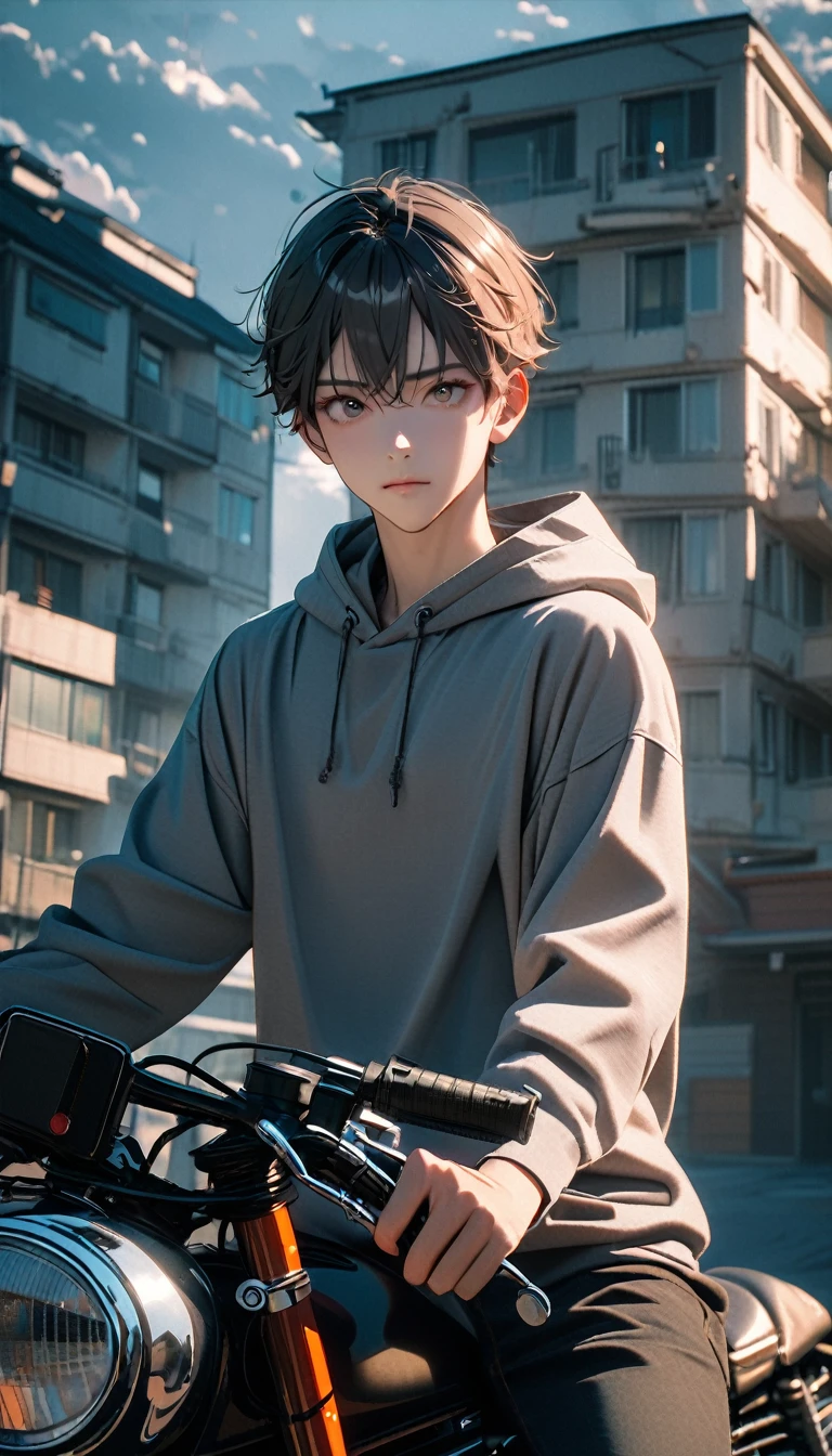 (8K, RAW photos, best quality, masterpiece: 1.4), (((Boy on bike))),Ultra-high resolution, Extremely detailed, light, closeup of arms, handsome boy, black eyes, (delicate eyes, Eyes are bright:1.2), Gray short hair, Fair skin,dark, Grey sweatshirt, sweatshirt with hood,(perfect anatomy:1.2), High-quality shadows, Natural Lighting, (White highlights:1.2), night, cloudy day, (Four-story residential building:1.2), (A dilapidated motorcycle parked:1.2)