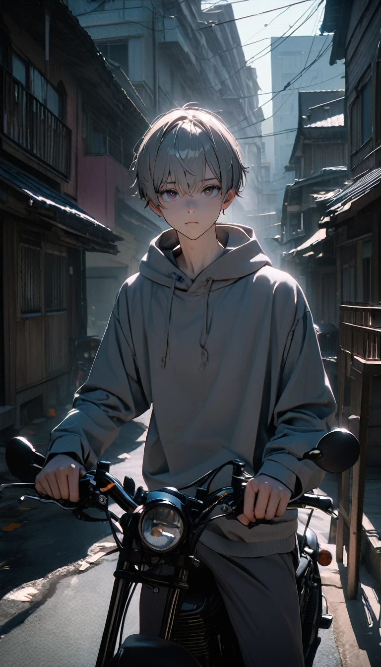 (8K, RAW photos, best quality, masterpiece: 1.4), (((Boy on bike))),Ultra-high resolution, Extremely detailed, light, closeup of arms, handsome boy, black eyes, (delicate eyes, Eyes are bright:1.2), Gray short hair, Fair skin,dark, Grey sweatshirt, sweatshirt with hood,(perfect anatomy:1.2), High-quality shadows, Natural Lighting, (White highlights:1.2), night, cloudy day, (Four-story residential building:1.2), (A dilapidated motorcycle parked:1.2)