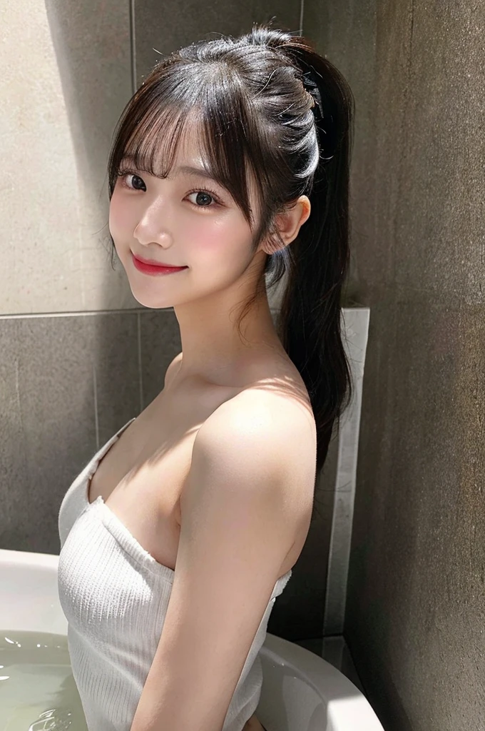 最high quality,Very detailed,finely,High resolution,8K壁紙,Perfect dynamic composition,Young Japanese Woman,Age 25, Black Hair, thin, 4K, 8K, high quality, beauty, smile, White teeth,Beautiful Eyes, Characterized by simplicity, High resolution,1 person,Japanese Idols,Large Breasts,ponytail,Landmine Makeup,Red cheeks,whole body,bath,Wash basin,Toner