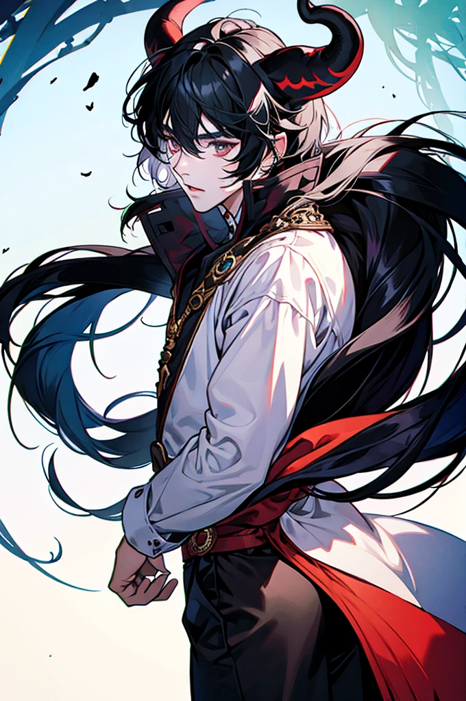Boy with black horns black hair, eye white, long hair in the back and short in the front with dragon ears