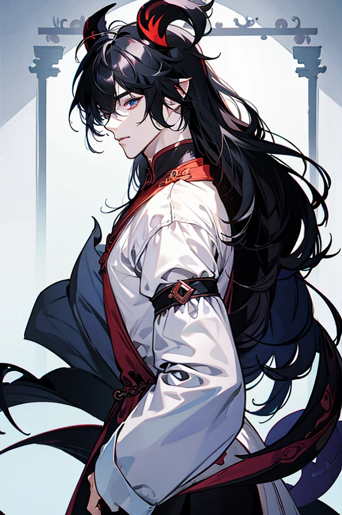Boy with black horns black hair, eye white, long hair in the back and short in the front with dragon ears