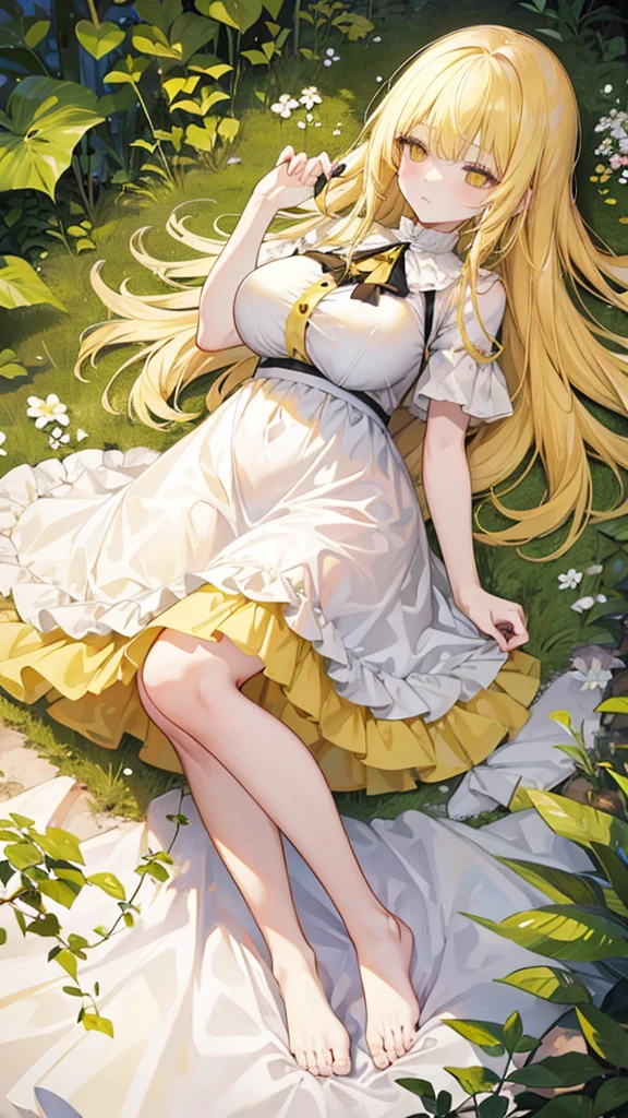 Showing the whole body, cute, baby face, big breasts, sleeping, in the forest, white dress, long hair, sleeping, alone, small, fairy wings, honey-colored hair