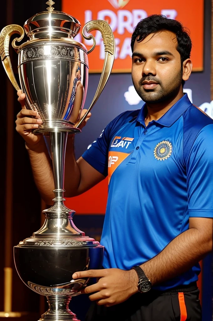 Create an image of Rohit Sharma, the Indian cricketer, standing on the podium at the T20 World Cup 2024 final. He is smiling broadly and holding up a beautiful silver trophy with both hands. The trophy has the T20 World Cup logo engraved on it. Rohit Sharma is wearing the Indian cricket team's blue jersey with the team logo and sponsors visible. The background shows a cheering crowd and stadium lights, with confetti falling around him, highlighting the celebratory