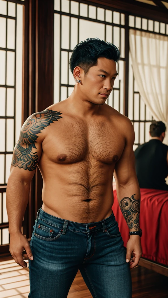 view, score_9, score_8_up, score_7_up, Mulan, covered in tattoos, wearing stretcher earrings, black singlet, jeans