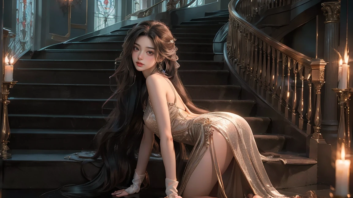 ((masterpiece, Highest quality, Best image quality, High resolution, Realistic, RAW Photos, 8K)), Woman in evening dress, (Long hair tied back, Jeweled wig, Long gloves, Glass Slipper, Bare shoulders, Bare back), Looking back from halfway up the wide staircase leading to the castle, Look down,
