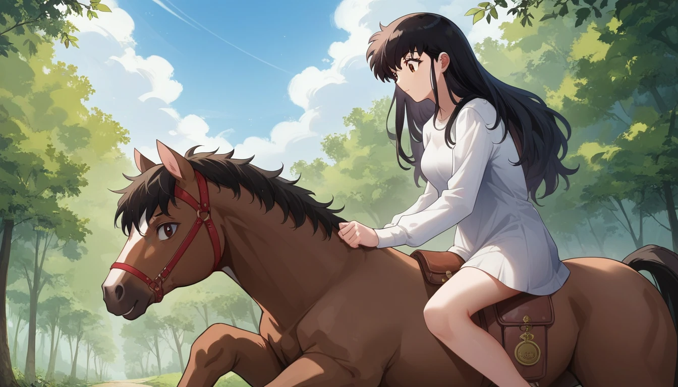 outdoor,daytime,1girl,outdoor,daytime,1girl,EPinKagome, black hair, brown eyes, long hair,riding on a horse,[artist:kedama milk],artist:momoco, artist:Torino,artist:ask(askzy),artist:ciloranko,artist:wlop,[artist:omone hokoma agm], phtharticpaul, year 2023,from side,solo,medium breasts,best quality, amazing quality,