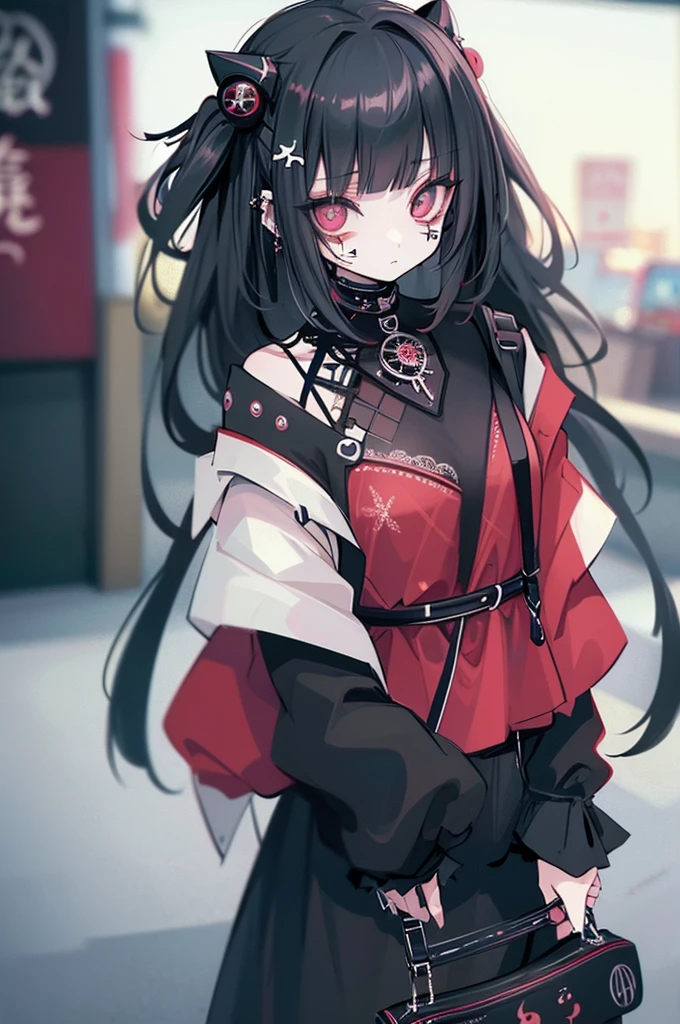 Highest quality、8K、masterpiece:1.3、Gothic Punk、Beautiful clock eyes、The inside color is red、Black-haired、hair ornaments、Beautiful girl、creative、Dark Fantasy Style、Neogoth、Goth Fashion:1.2、High resolution、masterpiece、Highest quality、頭w:1.3、((Hasselblad Photos))、Fine skin、Sharp focus、(Cinematic lighting)、Realistic textured hair、In a completely different expression