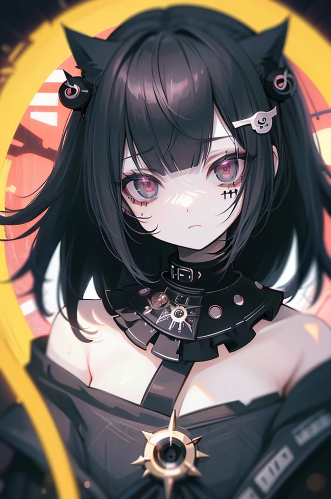 Highest quality、8K、masterpiece：1.3、Gothic Punk、Beautiful clock eyes、The inside color is red、Black-haired、hair ornaments、Beautiful girl、creative、Dark Fantasy Style、Neogoth、Goth Fashion：1.2、High resolution、masterpiece、Highest quality、頭w:1.3、((Hasselblad Photos))、Fine skin、Sharp focus、(Cinematic lighting)、Realistic textured hair、In a completely different expression