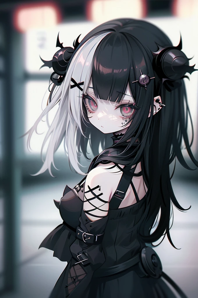Highest quality、8K、masterpiece:1.3、Gothic Punk、Beautiful clock eyes、The inside color is red、Black-haired、hair ornaments、Beautiful girl、creative、Dark Fantasy Style、Neogoth、Goth Fashion:1.2、High resolution、masterpiece、Highest quality、頭w:1.3、((Hasselblad Photos))、Fine skin、Sharp focus、(Cinematic lighting)、Realistic textured hair、In a completely different expression