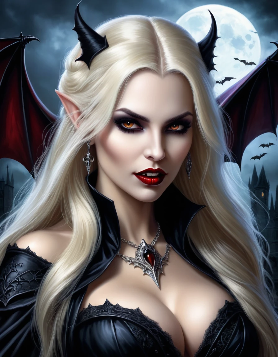 very attractive caucasian 25 year old girl with long platinum blonde hair, a close up of a woman in a vampire costume with bats, gothic fantasy art, ((Big Breasts)), ((HUGE Breasts)), ((PERFECT HANDS)), dark fantasy style art, vampires fantasy, in style of dark fantasy art, female vampire, dark fantasy art, fantasy horror art, beautiful vampire queen, dark fantasy horror art, portrait of a lady vampire, in style of anne stokes, dark fantasy artwork, vampire portrait, beautiful vampire female queen, showing fangs, very realistic