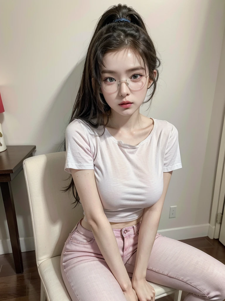 (Best quality, masterpiece, detailed), (RAW, 4k, hd images), shy, 1 girl, , white skin, long hair, ponytail, layers hair, bangs, black hair, beautiful girl, cute girl, sweet girl, pretty girl,perfect girl, pretty eyes, blue eyes, thin lips, thin,(eye line, lip stick pink soft) perfect , glasses(detailed frame), indoors, white tshirt, hot pants, thigh