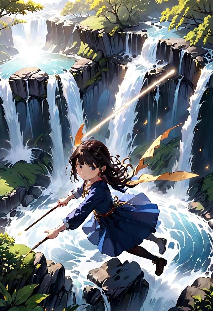 View from above、Pretty girl warrior、Beautiful girl magician in front of a waterfall、Riding the magic wand、flying、The girl&#39;s hands are tightly holding onto the magic wand.、魔法の杖にお尻を乗っけてflying