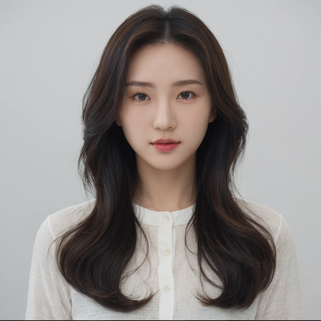 Best Quality, 8k, Masterpiece, (Portrait: 1.3), (photo realistic:1.4), (hyper realistic:1.4), Sharp Focus, looking at viewer, (smoother lighting:1.1), (increase cinematic lighting quality:0.9), realistic lighting, backlighting, light on face, ray trace, (brightening light:1.2), (Increase quality:1.4), sharp detail, (best quality real texture skin:1.4), finely detailed eyes, black_eyes, finely detailed face, 25 year old Korean woman, (white formal_shirt:1.4), (Create an image maintaining the original base model hairstyle:1.5)