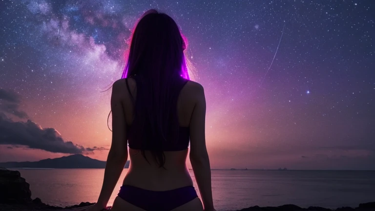 Neon color　Deep purple　Moon　Woman back view　meditation　Night Sky　Dazzling starry sky