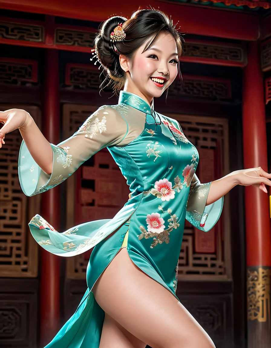 photorealistic portrait of a beautiful dancer,(bewitching), (dynamic dancing:2.0), (swinging arms :2.0),(happy smile:1.5),high quality,(happy),(lovely) ,intricate details, (accessories), highly detailed (( Cheongsam)) ,highly detailed thicc thigh, Wearing Cheongsams, , (happy), soft lighting,(full body image:1.5),Chinese palace background,(viewed from side:2.0),(perfect handas:1.5)