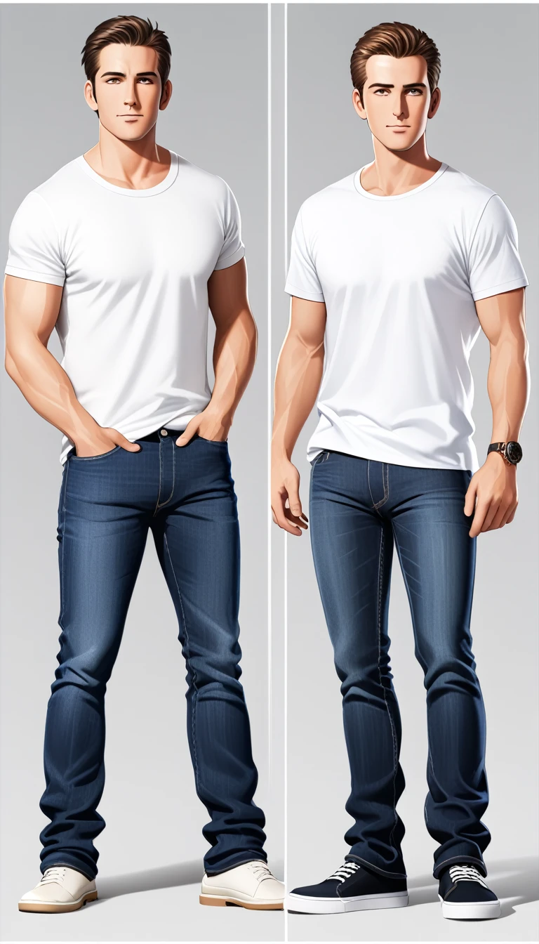 a man in a white t - shirt and jeans stands in front of a gray background, wearing a shirt and a jean, casual clothing, jeans and t shirt, wearing pants and a t-shirt, modern casual clothing, full body photo of steve, dressed in a white t shirt, mid-shot of a hunky, white shirt and blue jeans