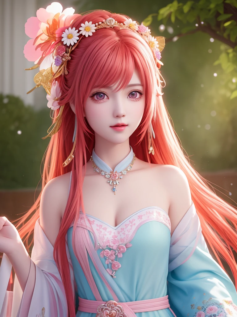 best quality, masterpiece, High target, There is a girl with a basket of flowers on her head, Big breast beauty，Very sexy，Beautiful red dress, Hair Decorationss, necklace, Decorations, Pretty Face, When the body, Tyndall effect, Realistic Portraits, Edge lighting, Two-color light, (Very delicate skin:1.2), 8K uhd, Digital SLR Camera, Soft Light, high quality, Volumetric Lighting, Honest, photo, high resolution, 4K, 8K, Bokeh,Big red hair，Pink Eyes.