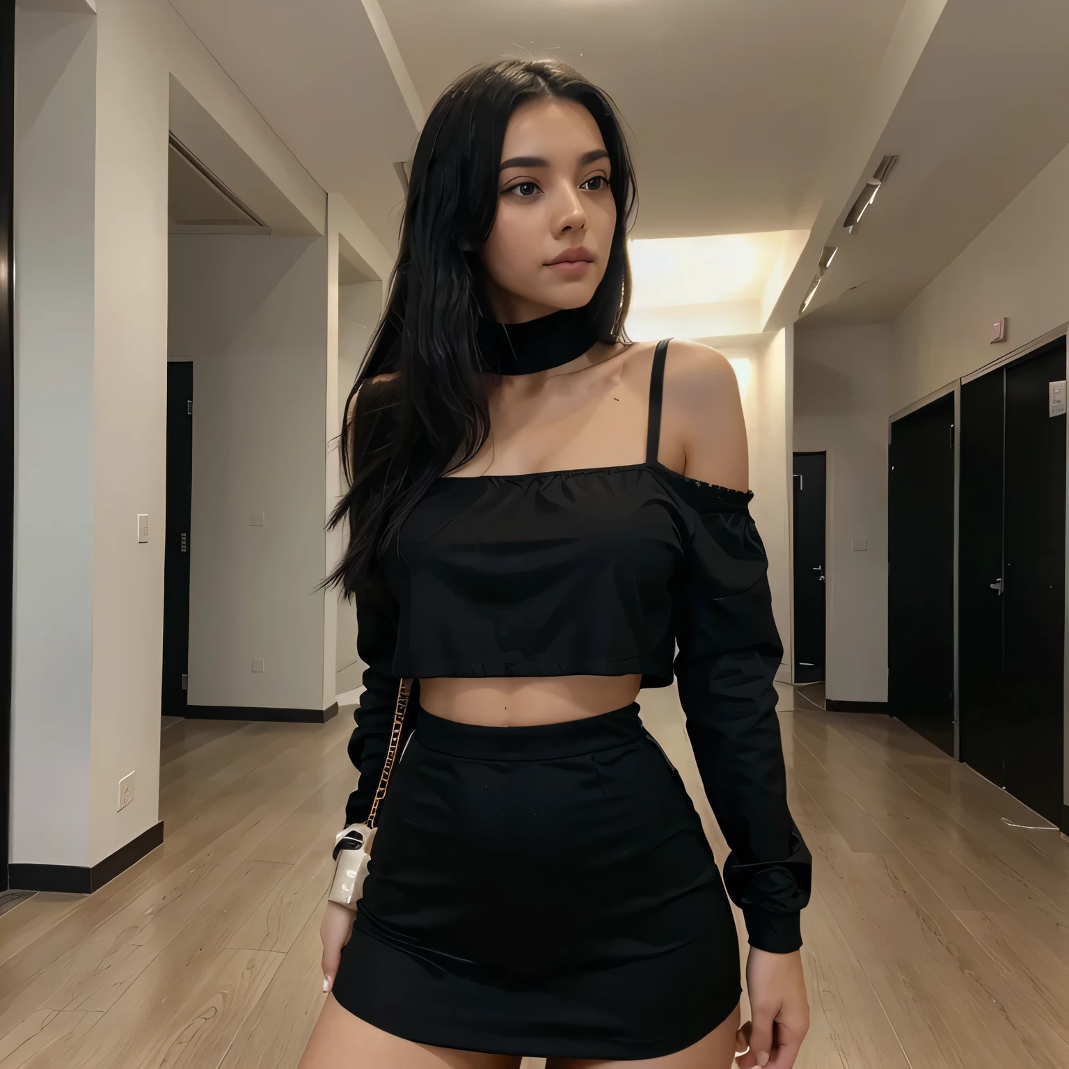 You are a white and beautiful black haired girl with a perfect body, and you are wearing a sexy black outfit