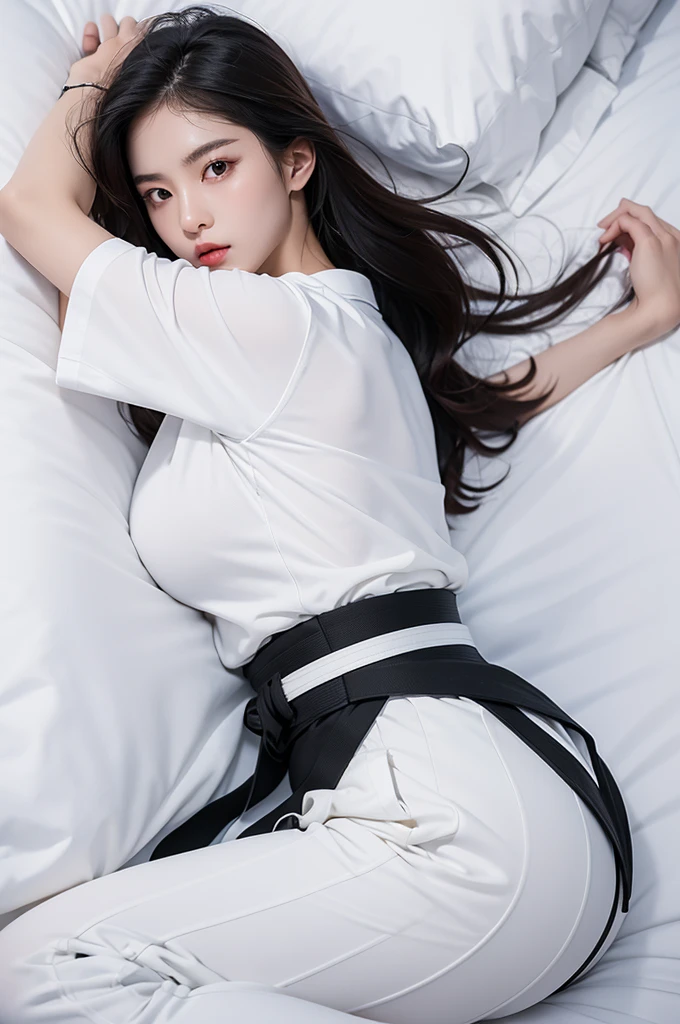 masterpiece, ultra details, best quality, 1 korean taekwondo girl, masterpiece, ultra details, best quality, black long straight hair, wearing sweaty white World Taekwondo Federation dobok uniform with black v-neck, wearing taekwondo blackbelt, wearing white martial arts pants without pockets, large sweaty butt, large breasts, laying on hotel bed showing butt, sweat on face