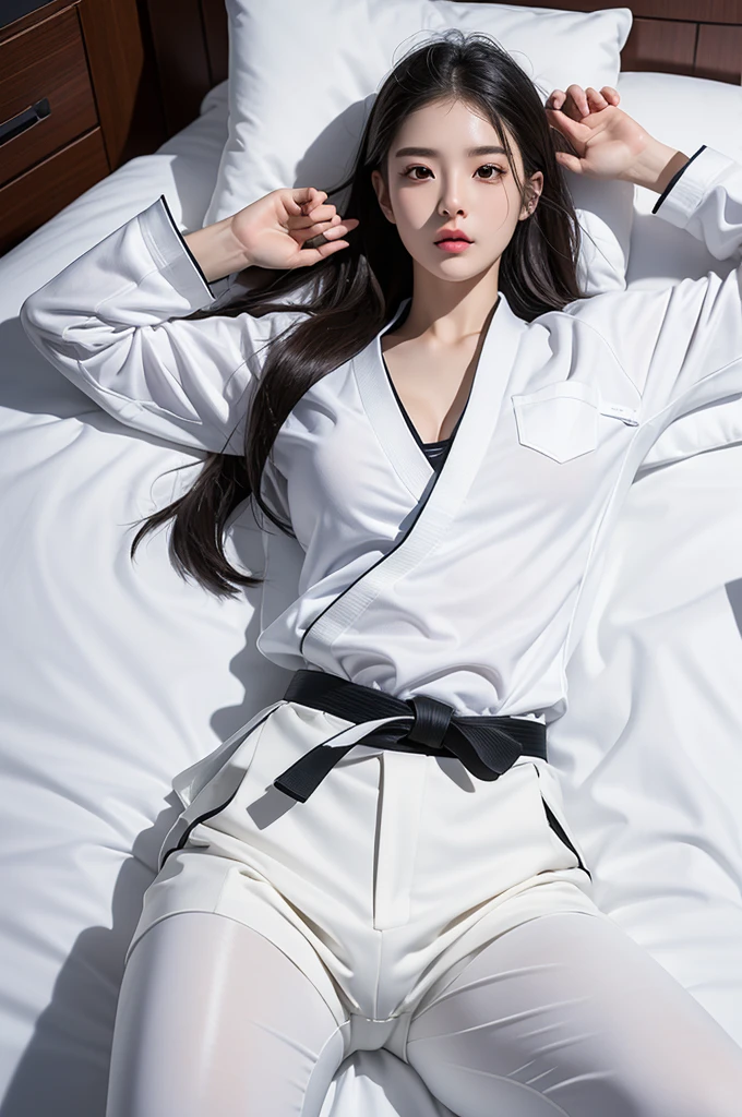 masterpiece, ultra details, best quality, 1 korean taekwondo girl, masterpiece, ultra details, best quality, black long straight hair, wearing sweaty white World Taekwondo Federation dobok uniform with black v-neck, wearing taekwondo blackbelt, wearing white martial arts pants without pockets, large sweaty butt, large breasts, laying on hotel bed showing butt, sweat on face