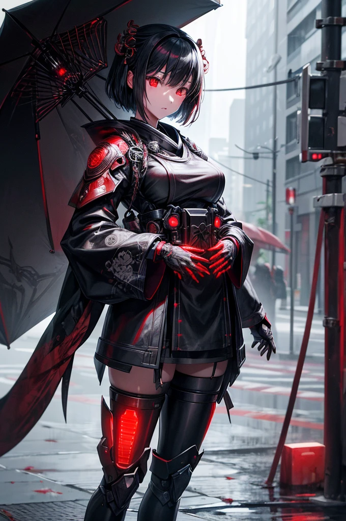 1 Japanese Girl, war frame, complex patterns, heavy metal, energy line, Faceless, glowing eyes, elegant, intense, blood red and black, alone, modern, City, street, Dark clouds, thunderstorm, downpour,, dramatic lighting,, (masterpiece:1.2), best quality, High resolution,   Beautiful detailed, Very detailed, Perfect lighting,