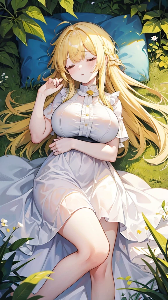 Showing the whole body, Yellow hair, Cute, Baby face, Big breasts, Sleeping, In the forest, White dress, Long hair, Sleeping, 1 person
