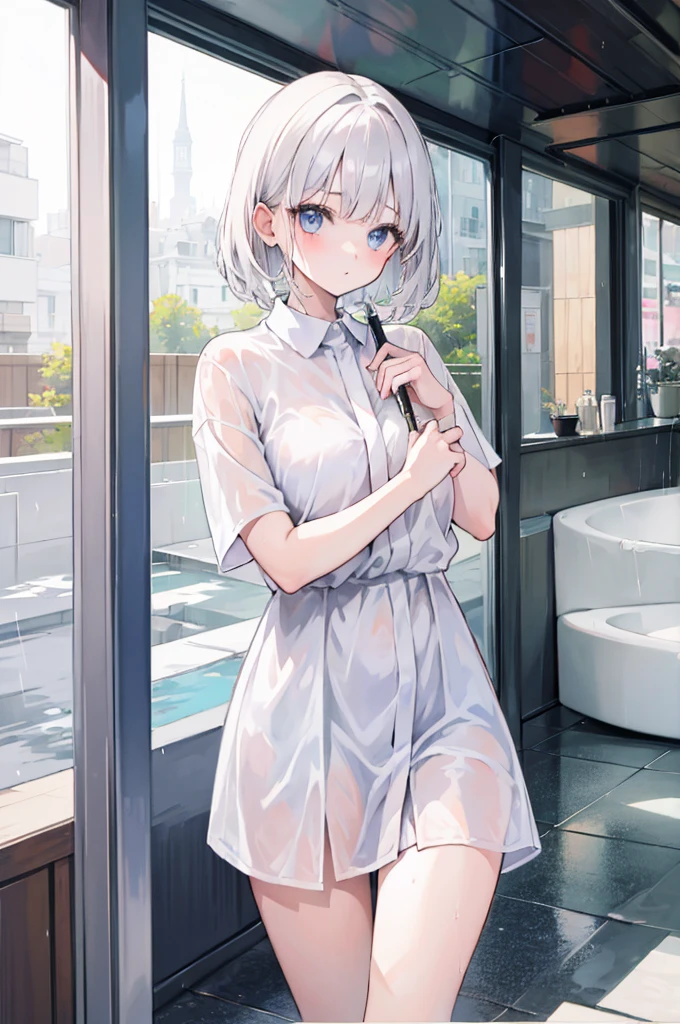 1 girl, white short hair, white shirt and skirt, cat hair style, wet, rainy, in a hotel, Perlica