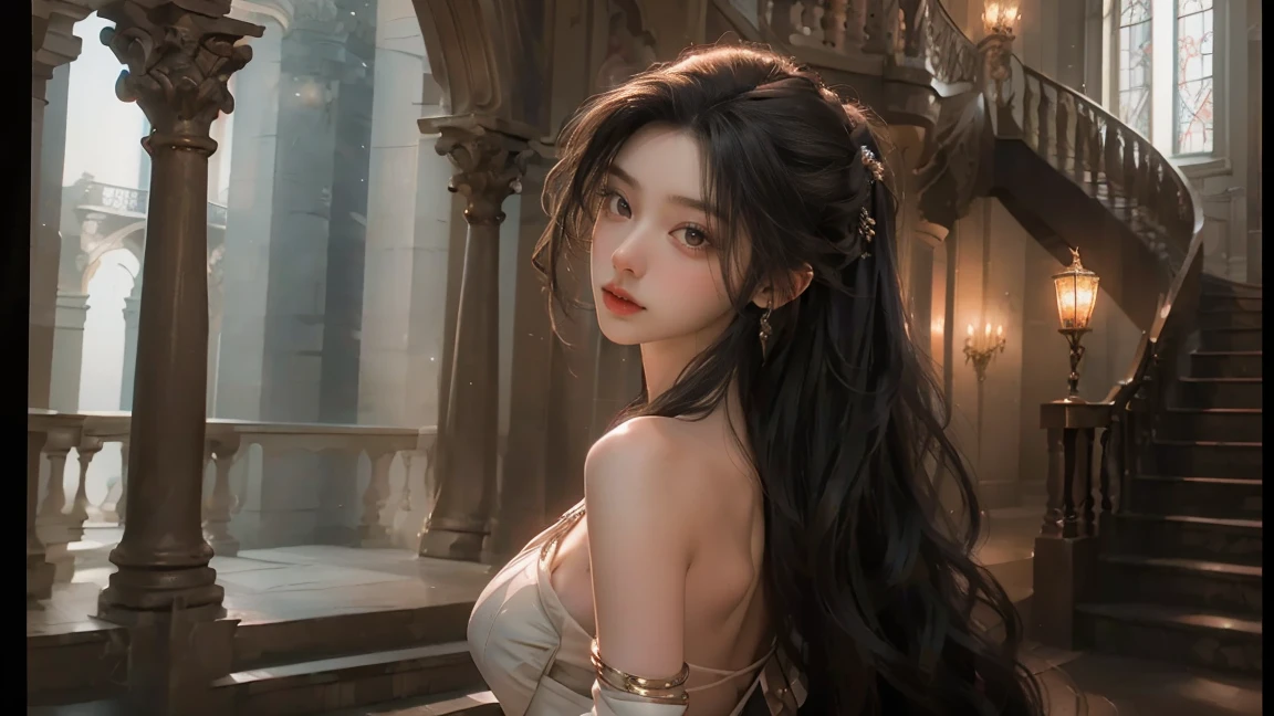 ((masterpiece, Highest quality, Best image quality, High resolution, Realistic, RAW Photos, 8K)), Woman in evening dress, (Long hair tied back, Jeweled wig, Long gloves, Glass Slipper, Bare shoulders, Bare back), Looking back from halfway up the wide staircase leading to the castle, View from above,