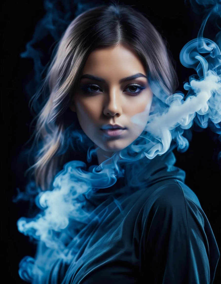 very attractive caucasian 25 year old girl , Create an ultra-detailed shot of a figure fully made of smoke in a Smoking Girl shape, ninja, (ghostly figure) front view, motion effects, colorful smoke, studio lights, ultra sharp focus, high-speed shot, soft colors, UHD, 16k