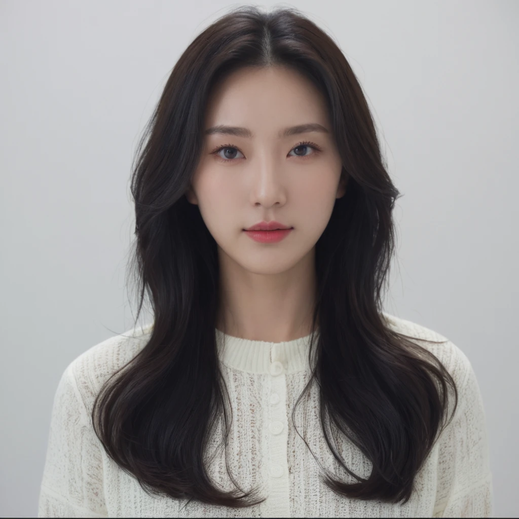 Best Quality, 8k, Masterpiece, (Portrait: 1.3), (photo realistic:1.4), (hyper realistic:1.4), Sharp Focus, looking at viewer, (smoother lighting:1.1), (increase cinematic lighting quality:0.9), realistic lighting, backlighting, light on face, ray trace, (brightening light:1.2), (Increase quality:1.4), sharp detail, (best quality real texture skin:1.4), finely detailed eyes, black_eyes, finely detailed face, 25 year old Korean woman, (white formal_shirt:1.4), (Create an image maintaining the original base model hairstyle:1.5)