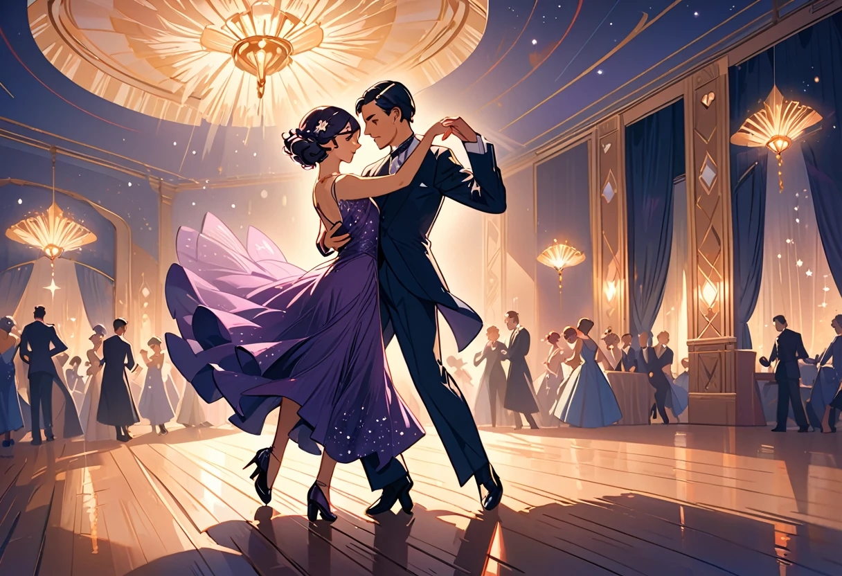 a man and woman dancing tango, art deco ballroom, 1920s, man facing forward, woman facing away from viewer, dancing the tango, woman is wearing a purple long tight dress, small stars are shining in the dark blue sky, dimly lit room, and shadows are cast on the eye sockets, making it impossible to read their expressions, detailed facial features, beautiful dress, formal attire, natural lighting, warm color palette, high-quality,