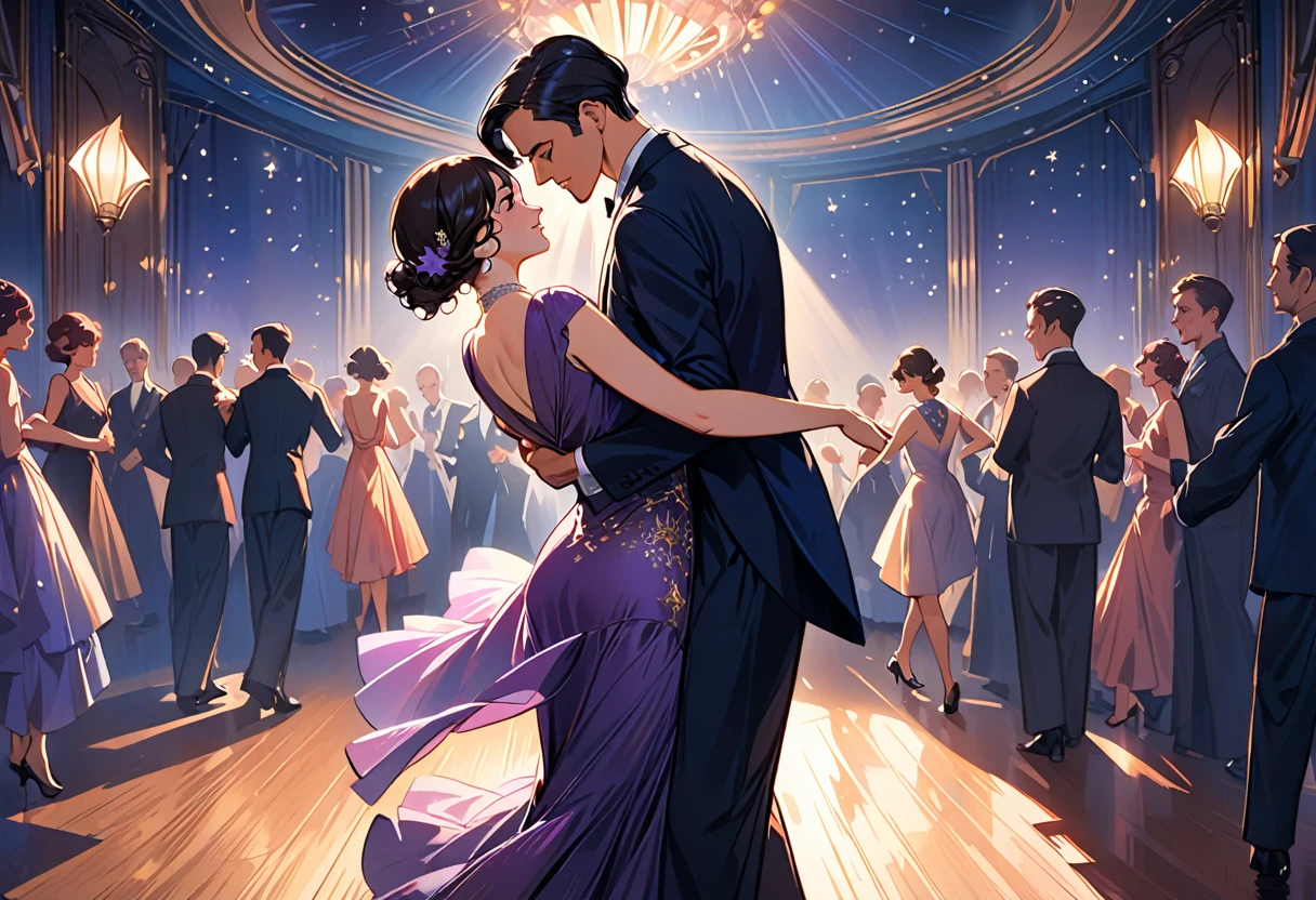 a man and woman dancing tango, art deco ballroom, 1920s, man facing forward, woman facing away from viewer, dancing the tango, woman is wearing a purple long tight dress, small stars are shining in the dark blue sky, dimly lit room, and shadows are cast on the eye sockets, making it impossible to read their expressions, detailed facial features, beautiful dress, formal attire, natural lighting, warm color palette, high-quality,